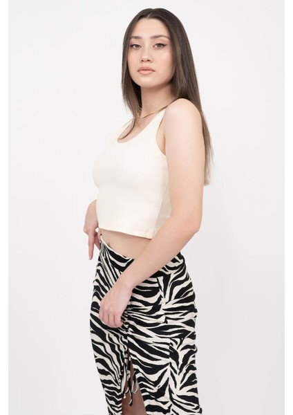 Kadın Ekru Basic Fitilli Crop Örme Atlet fiyatları