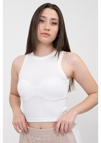 Kadın Beyaz Transparan Fitilli Super Crop Örme Atlet