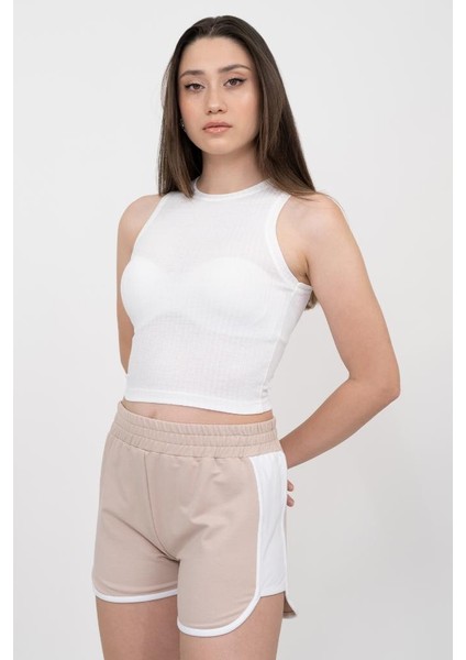 Kadın Beyaz Transparan Fitilli Super Crop Örme Atlet