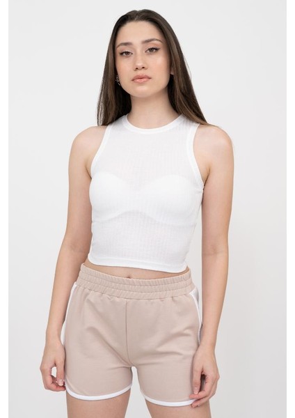 Kadın Beyaz Transparan Fitilli Super Crop Örme Atlet