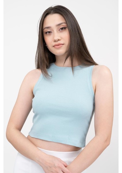 Kadın Açık Mavi Fitilli Super Crop Örme Atlet