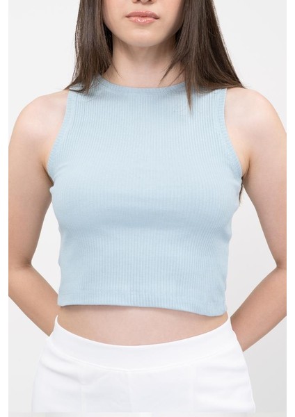 Kadın Açık Mavi Fitilli Super Crop Örme Atlet