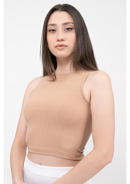 Kadın Kahverengi Fitilli Super Crop Örme Atlet