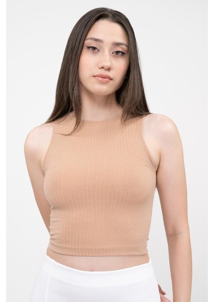 Kadın Kahverengi Fitilli Super Crop Örme Atlet fiyatları