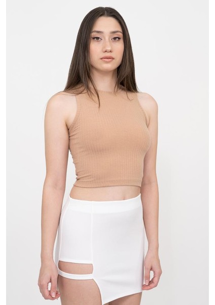 Kadın Kahverengi Fitilli Super Crop Örme Atlet modelleri