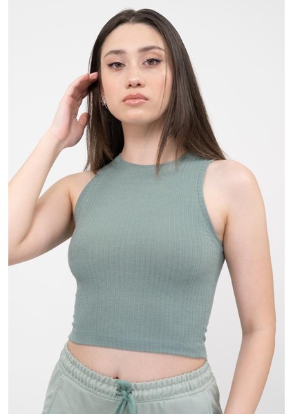 Kadın Yeşil Fitilli Super Crop Örme Atlet