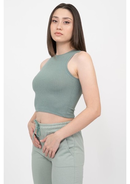 Kadın Yeşil Fitilli Super Crop Örme Atlet modelleri