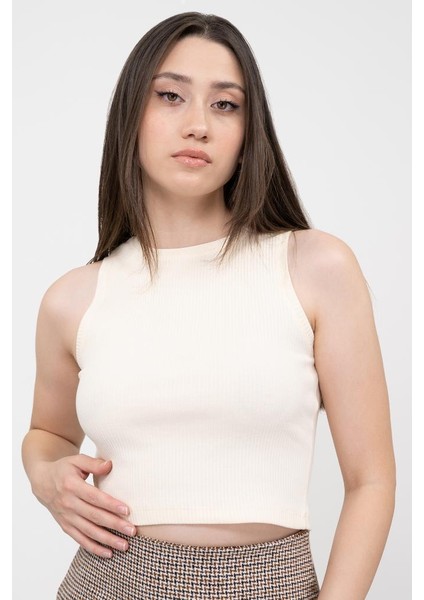 Kadın Ekru Fitilli Super Crop Örme Atlet