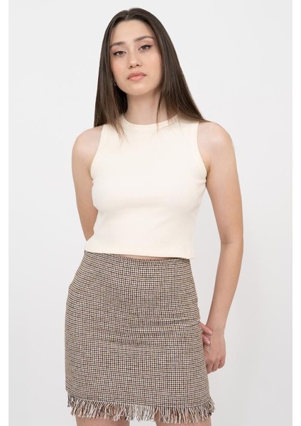 Kadın Ekru Fitilli Super Crop Örme Atlet