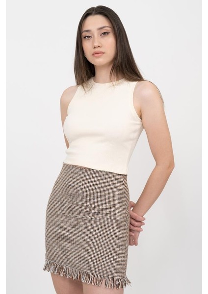 Kadın Ekru Fitilli Super Crop Örme Atlet