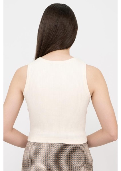 Kadın Ekru Fitilli Super Crop Örme Atlet
