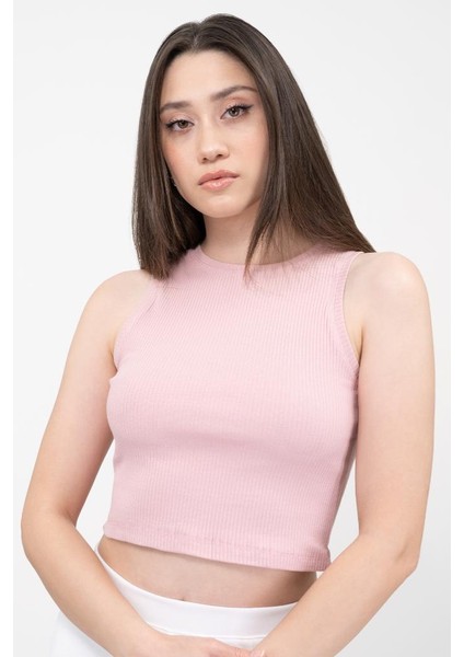 Kadın Pembe Fitilli Super Crop Örme Atlet