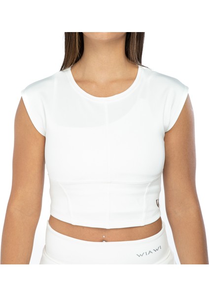 Kadın Spor Fit Rahat Tişört Esnek Crop Top - Unique Beyaz