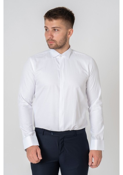 White Stone Venedik Pamuklu Slim Fit Ata Yaka Gömlek Beyaz