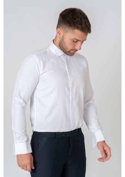 White Stone Venedik Pamuklu Slim Fit Ata Yaka Gömlek Beyaz