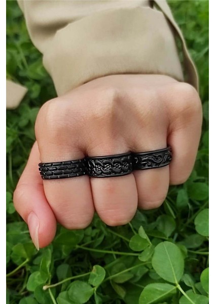 Unisex Siyah Kaplama Ayarlanabilir Yüzük Set