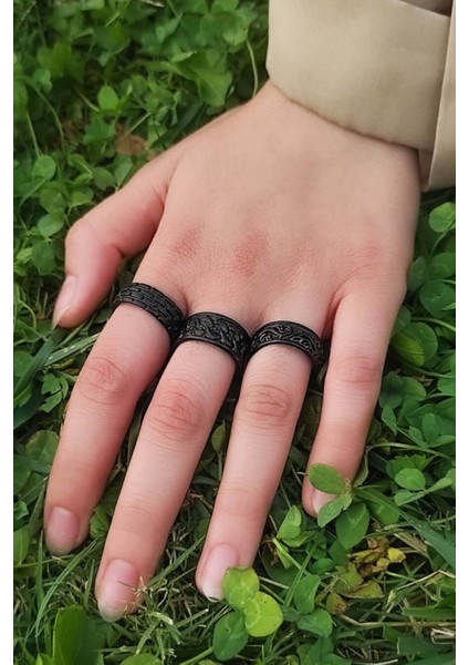 Unisex Siyah Kaplama Ayarlanabilir Yüzük Set