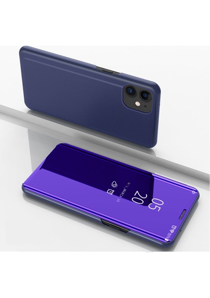 iPhone 12 / 12 Pro 6.1 İnch İçin Aynalı Deri Telefon Kılıfı - Koyu Mor (Yurt Dışından)