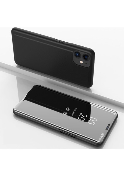 iPhone 12 / 12 Pro 6.1 İnch İçin Aynalı Deri Telefon Kılıfı - Siyah (Yurt Dışından)