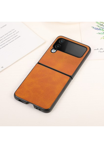 Galaxy Z Flip 4 İçin Çift Renkli Deri Telefon Kılıfı - Turuncu (Yurt Dışından)