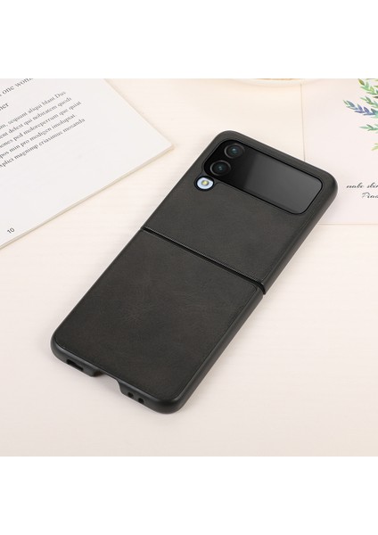 Galaxy Z Flip 4 İçin Çift Renkli Deri Telefon Kılıfı - Siyah (Yurt Dışından)
