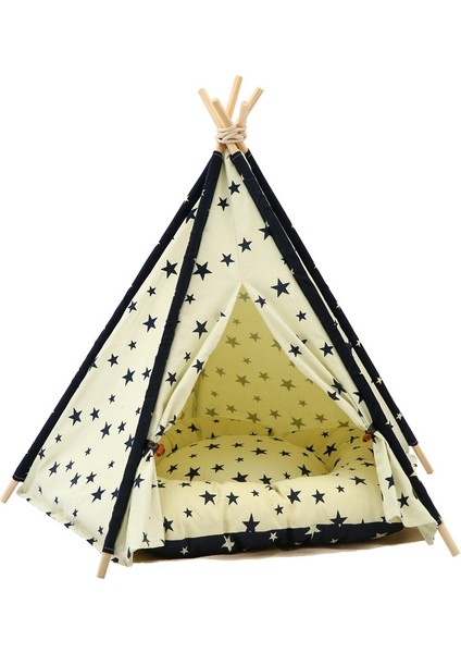 Pamuk Tuval Evcil Çadırı Kedi ve Yastıklı Köpek Yatağı Özellikler: Küçük 40*40*50 cm (Bej Donanma Yıldızı) (Yurt Dışından)