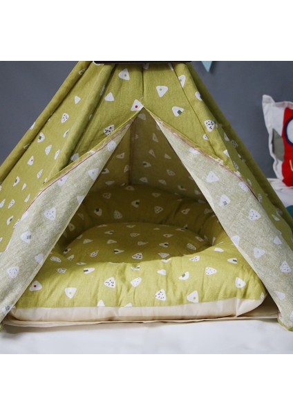 Pamuk Tuval Evcil Çadırı Kedi ve Yastıklı Köpek Yatağı Özellikler: Küçük 40*40*50 cm (Sarı Üçgen) (Yurt Dışından)