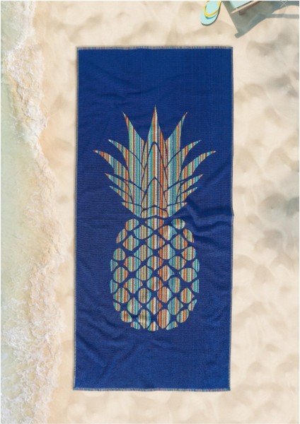 Ananas Mavi 72 x 150 cm Plaj Deniz Havuz Havlusu Pamuklu Jakarlı Iplik Boyalı