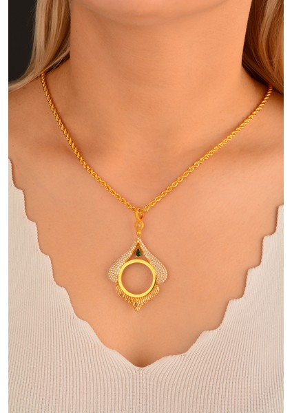 Cebeci 14 Ayar Yeşil Taşlı Çerçeveli Altın Kolye Ucu