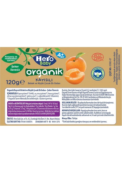 Kavanoz Maması 120GR Organik Kayısılı (12 Li Set)