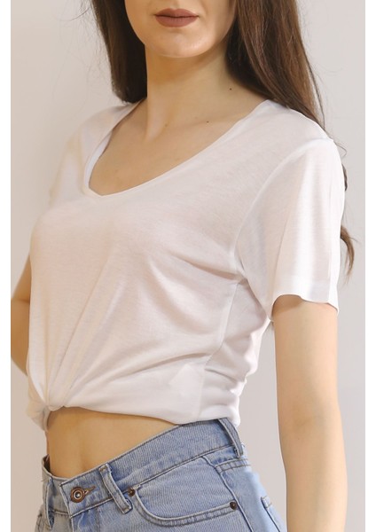 V Yaka Viskon Tişört Beyaz - 1017.275. indirimleri