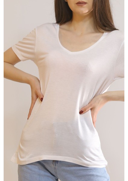 V Yaka Viskon Tişört Beyaz - 1017.275. fiyatları