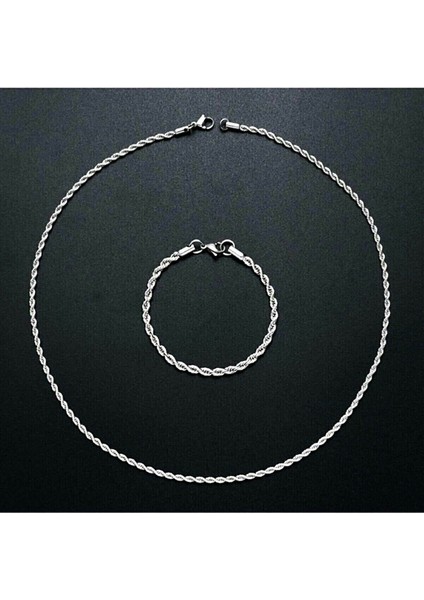 Unisex Gümüş Kaplama Kalın Burgu Kolye Bileklik Set modelleri
