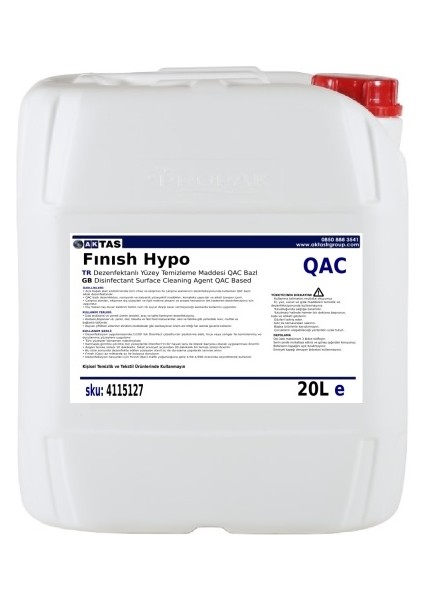 Fınısh Hypo Qac Konsantre Yüzey Dez. Temizleme Hijyen Maddesi Qac Bazlı 20LITRE