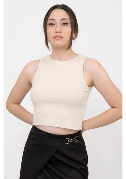 Kadın Siyah Fitilli Super Crop Örme Atlet