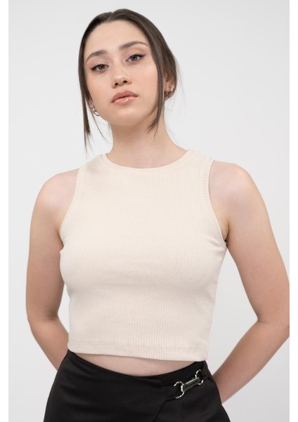 Kadın Siyah Fitilli Super Crop Örme Atlet