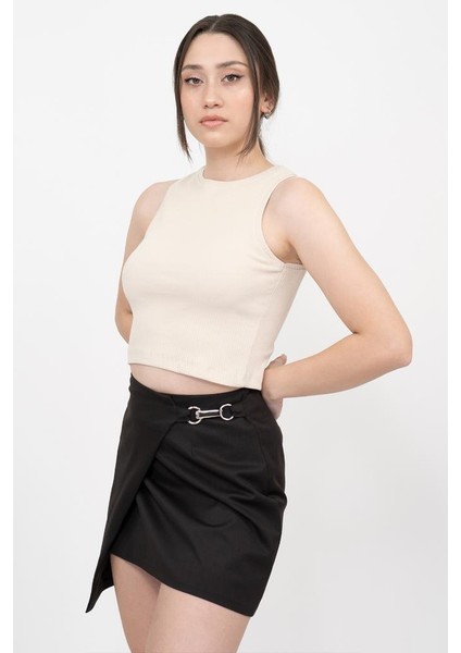 Kadın Siyah Fitilli Super Crop Örme Atlet