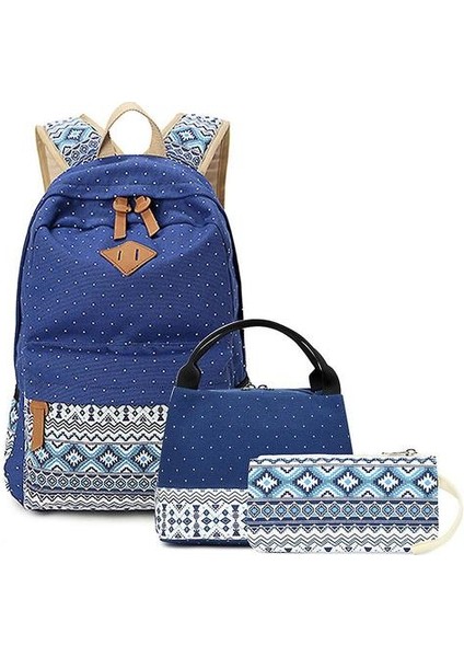 Tuval Sırt Çantası 7 Parça Set Geri Baskılı Ortaokul Öğrenci Schoolbag (Kraliyet Mavisi)