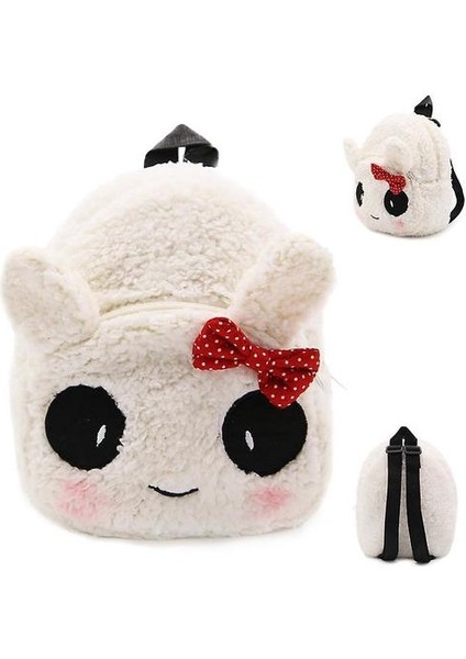 (Panda Beyaz Yay) Beyaz Panda Sevimli Çocuk Peluş Sırt Çantası