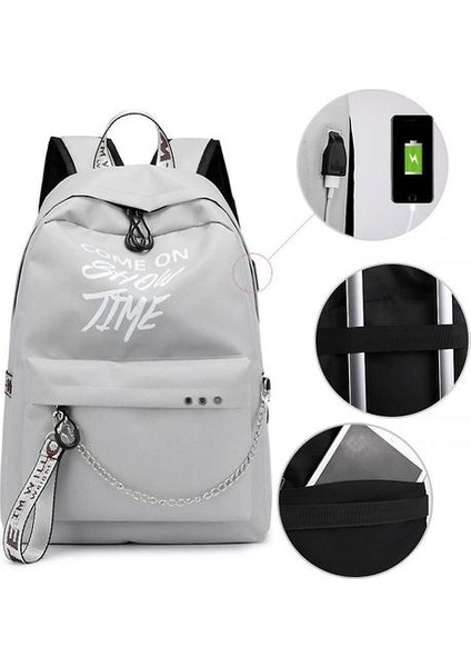 Homemiyn Aydınlık Desen Sırt Çantası USB Şarj Edilebilir Sırt Çantası Büyük Kapasiteli Öğrenci Okul Çantası Seyahat, Kamp, Balıkçılık, Alışveriş (30X13X43 Cm) (Gri) (Yurt Dışından)
