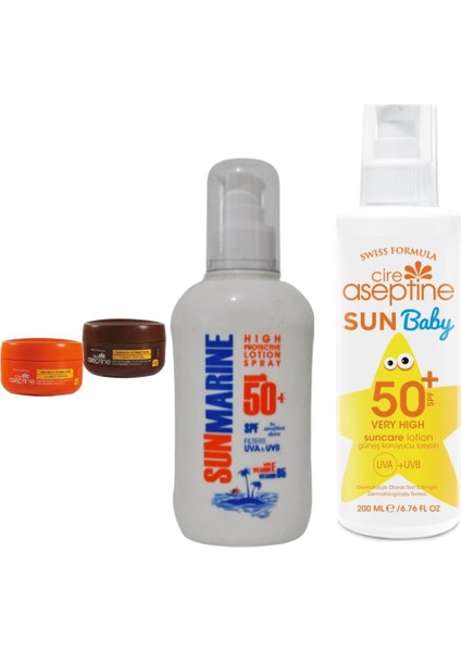 Sun Baby SPF50+ Lotion 200ML +Cire Aseptine Havuçlu + Kakaolu 2spf Güneş Yağı 100 Ml+Sunmarine Spf 50 Faktör Güneş Kremi