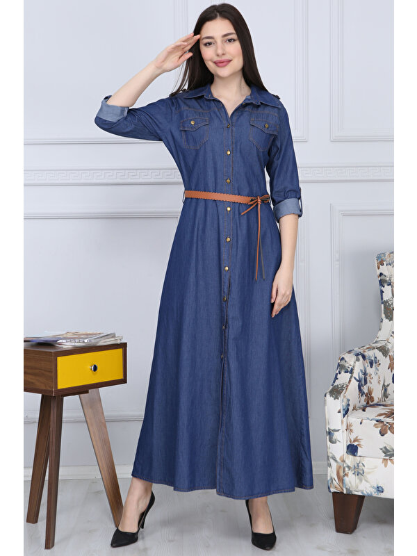Gül Moda Boydan Düğmeli Kemerli Kot Elbise Koyu Mavi