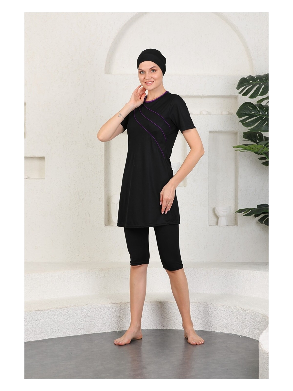 Aslınur Giyim Deniz Mayo Likralı Çabuk Kuruyan Şeritli Yarı Kapalı Tesettür Mayo Siyah