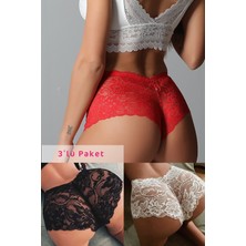 İmoda Kadın Dantel Tanga Şort Külot 3'lü Paket Siyah Beyaz Kırmızı Renk Seçenekleriyle