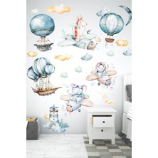 Msticker Sevimli Uçan Balonlar Bulutlar ve Hayvanlar Çocuk Bebek Odası Sticker Seti
