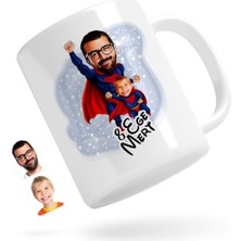 BK Kişiye Özel Süper Baba-Çocuk Karikatürlü Beyaz Kupa Bardak