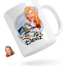 BK Kişiye Özel Kadın Bankacı Karikatürlü Beyaz Kupa Bardak-1