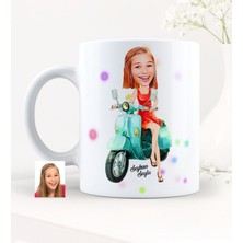 BK Kişiye Özel Bayan Vespa Temalı Karikatürlü Beyaz Kupa Bardak