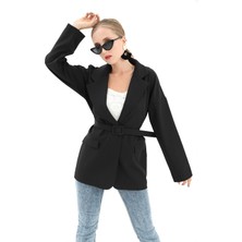 Vapur Düşük Omuz Kemerli Atlas Kumaş Blazer Ceket - Siyah