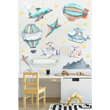 Msticker Mavi Tonlarda Uçakta Sevimli Hayvanlar Uçan Balonlar ve Uçak Duvar Cam Dolap Sticker Seti